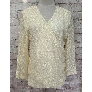 Coldwater Creek Womens M Ivory Lace V-Neck Faux Wrap Top Surplice 3/4 Sleeve NEW